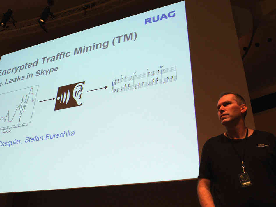 A PowerPoint slide is projected on a screen prior to a lecture at the 28th Chaos Communication Congress computer hacker conference in Berlin.