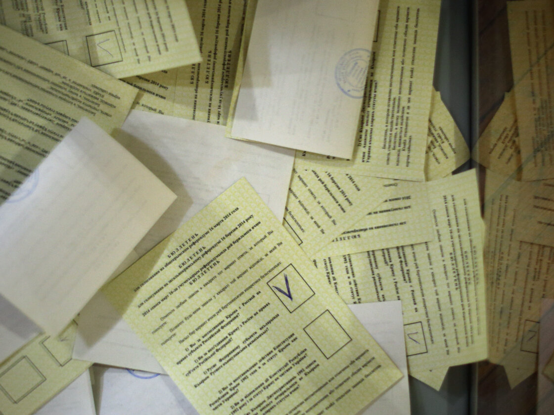 A pile of the votes cast Sunday in Simferopol, Ukraine, the regional capital of Crimea.