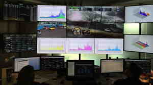 In the NASCAR Fan and Media Engagement Center, 13 46-inch TV screens display charts, tweets and live races.