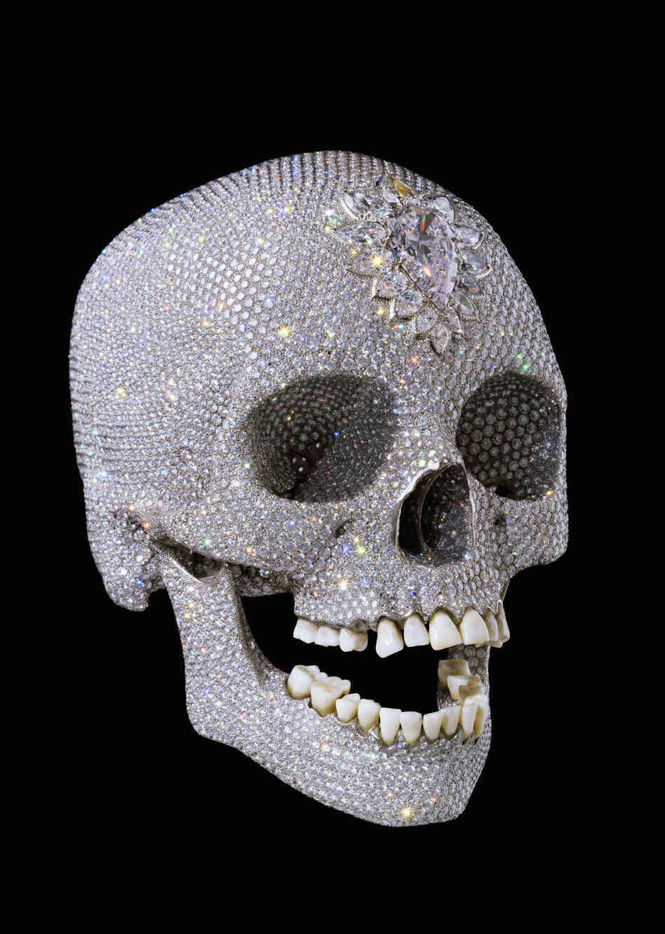 For the Love of God, by British artist Damien Hirst, shows a diamond-encrusted human skull and was unveiled in 2007. For the Love of God, by British artist Damien Hirst, shows a diamond-encrusted human skull and was unveiled in 2007.