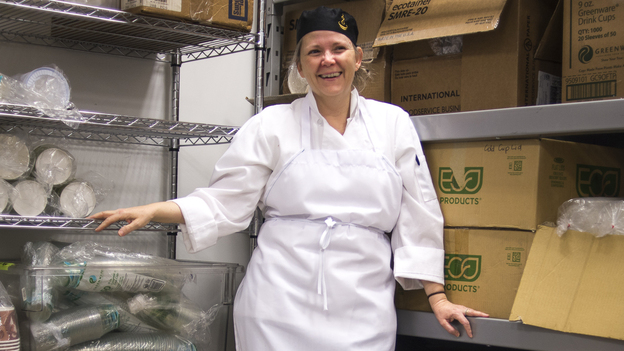 Danielle Probst, 50, works part-time in food service at NPR headquarters in Washington, D.C. Previously, she worked in film and marketing and also had an internship at a social media marketing company. (Image credit: NPR)