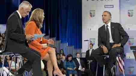 President Obama participates in a 2012 town hall hosted by Univision with news anchors Jorge Ramos and Maria Elena Salinas. A conservative media watchdog group says the Spanish-speaking network is biased in favor of Obama and liberals. President Obama participates in a 2012 town hall hosted by Univision with news anchors Jorge Ramos and Maria Elena Salinas. A conservative media watchdog group says the Spanish-speaking network is biased in favor of Obama and liberals.