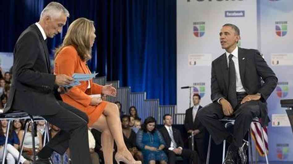 President Obama participates in a 2012 town hall hosted by Univision with news anchors Jorge Ramos and Maria Elena Salinas. A conservative media watchdog group says the Spanish-speaking network is biased in favor of Obama and liberals. President Obama participates in a 2012 town hall hosted by Univision with news anchors Jorge Ramos and Maria Elena Salinas. A conservative media watchdog group says the Spanish-speaking network is biased in favor of Obama and liberals.