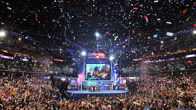 President Obama stands on stage with Vice President Biden and their families after accepting the party nomination during the final day of the 2012 Democratic National Convention in Charlotte, N.C. (Image credit: Getty Images)