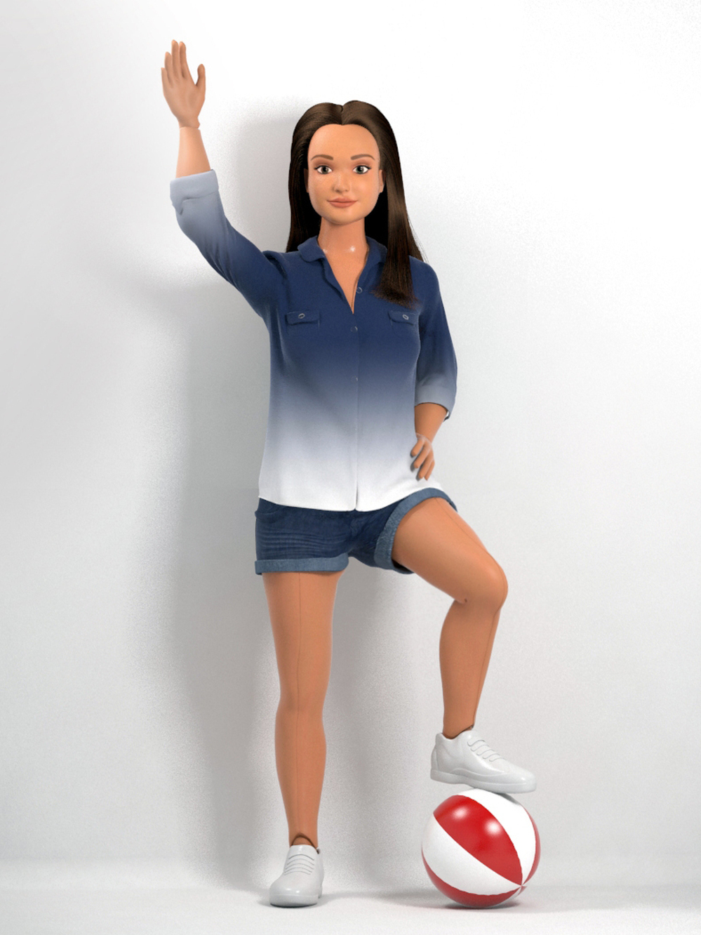 Hello world: This concept for the "normal" fashion doll wears minimal makeup, jean shorts and a simple blouse.