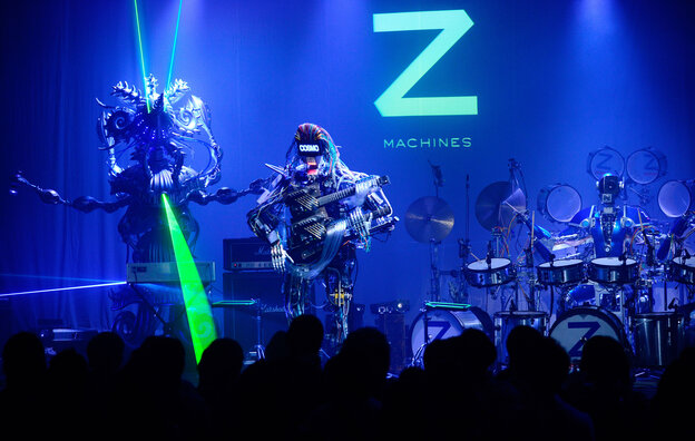 Z-Machines, a power trio designed by Japanese roboticists, on stage in Tokyo last year. The songs on Music for Robots, a new EP by the U.K. artist Squarepusher, is performed entirely by the group.