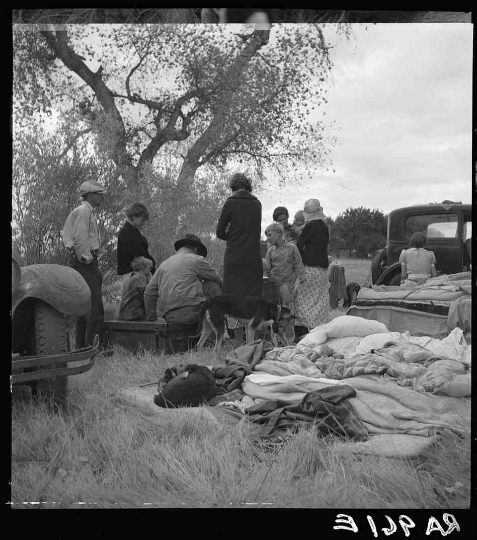 Dust Bowl refugees camp along a highway near Bakersfield, Calif. (1935) Steinbeck's matriarch, Ma, says, "All we got is the family unbroke ... I aint scared while we're all here, all that's alive, but I ain't gonna see us bust up."