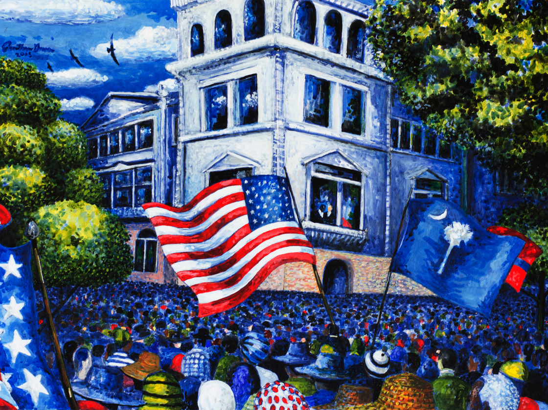 This painting, by artist Jonathan Green, captures the scene outside the Charleston Federal Courthouse on the day oral arguments were heard in the Briggs v. Elliott case challenging racial segregation in public schools. This painting, by artist Jonathan Green, captures the scene outside the Charleston Federal Courthouse on the day oral arguments were heard in the Briggs v. Elliott case challenging racial segregation in public schools.
