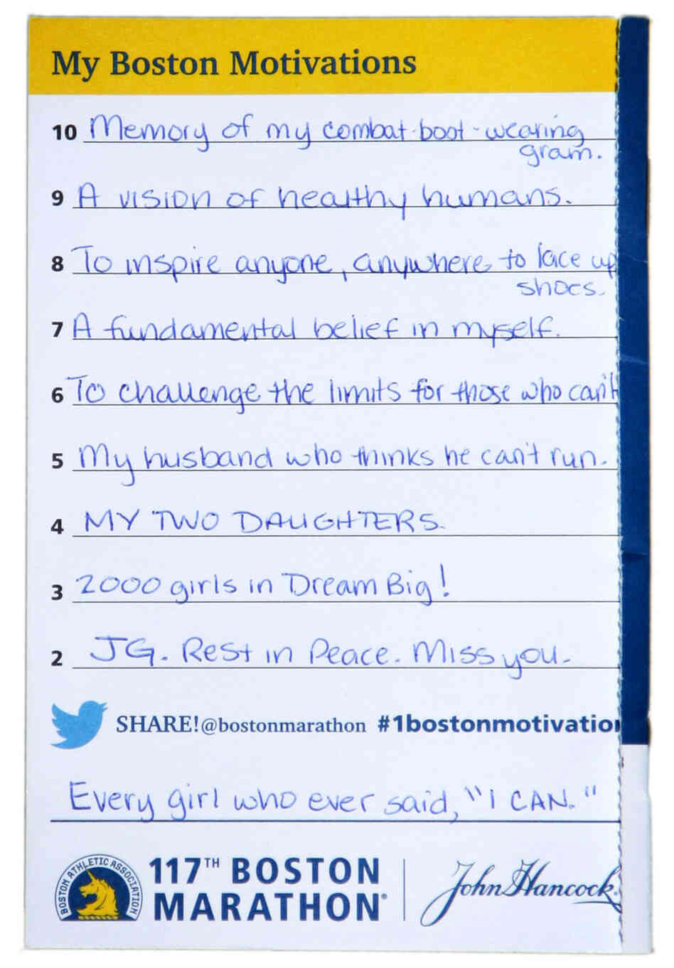Demi Clark's handwritten list of motivations from last year's Boston Marathon. Demi Clark's handwritten list of motivations from last year's Boston Marathon.