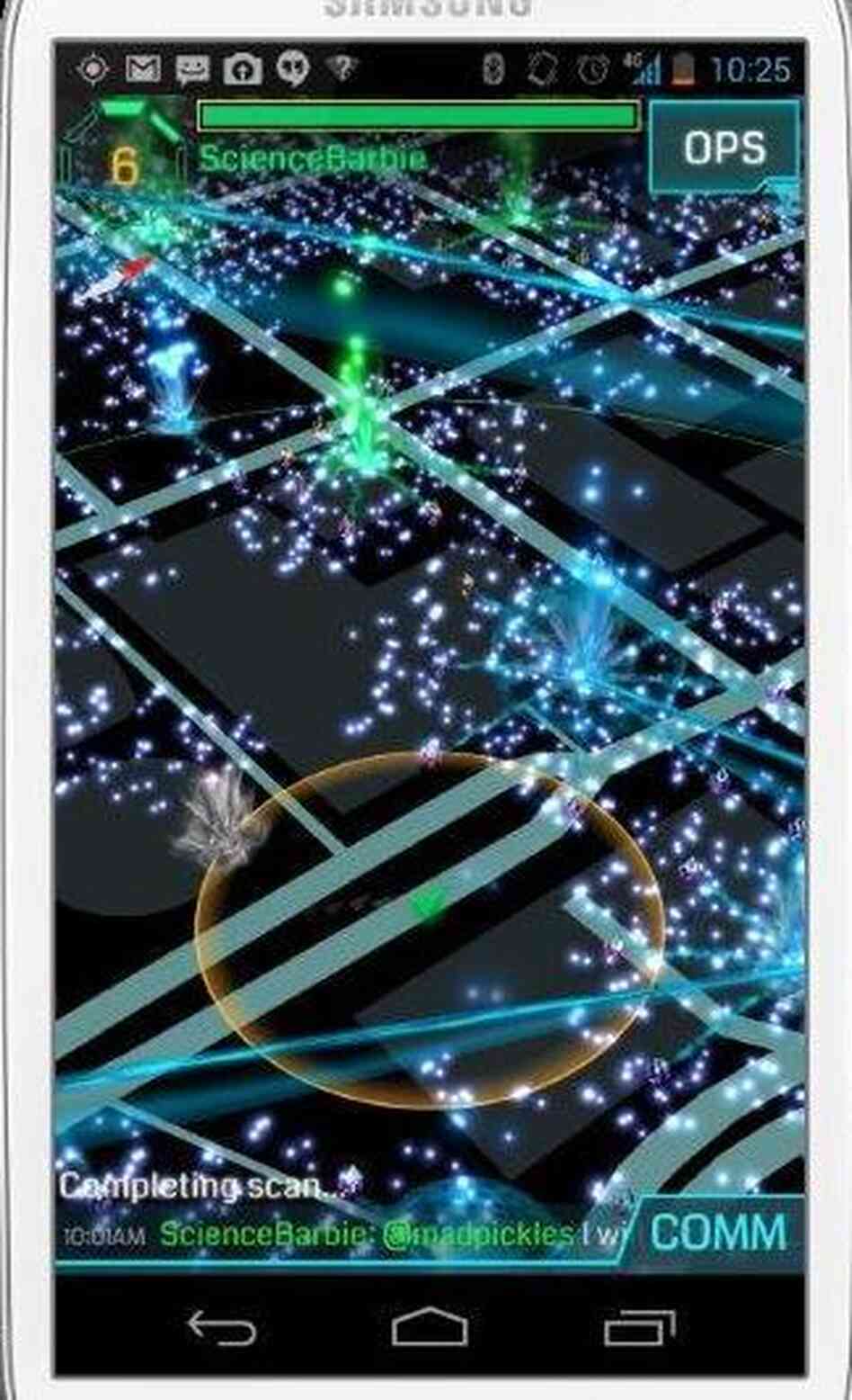 A screen in Ingress shows "exotic matter" a virtual blue-green fog that appears at specific locations around the world at certain times. A screen in Ingress shows "exotic matter" a virtual blue-green fog that appears at specific locations around the world at certain times.