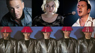 Clockwise from upper left: Bruce Springsteen, Joe Strummer during his time with The Pogues, Lydia Loveless, Devo Clockwise from upper left: Bruce Springsteen, Joe Strummer during his time with The Pogues, Lydia Loveless, Devo