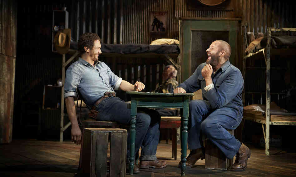 George (James Franco, left) and Lennie (Chris O'Dowd) are laborers and unlikely friends in Depression-era California in the new Broadway production of John Steinbeck's Of Mice and Men. George (James Franco, left) and Lennie (Chris O'Dowd) are laborers and unlikely friends in Depression-era California in the new Broadway production of John Steinbeck's Of Mice and Men.