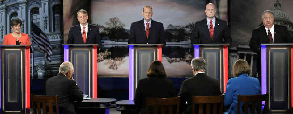 Iowa state Sen. Joni Ernst, shown during a recent debate with her GOP primary opponents, is attempting to become the first female Republican to win her party's nomination to run for U.S. Senate in the Hawkeye State. Iowa state Sen. Joni Ernst, shown during a recent debate with her GOP primary opponents, is attempting to become the first female Republican to win her party's nomination to run for U.S. Senate in the Hawkeye State.