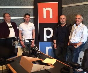Hans Zimmer (far left) visits the studios of NPR West with (left to right) contest winner Daniel Suett, Bleeding Fingers CEO Russell Emanuel and Chairman Steve Kofsky.