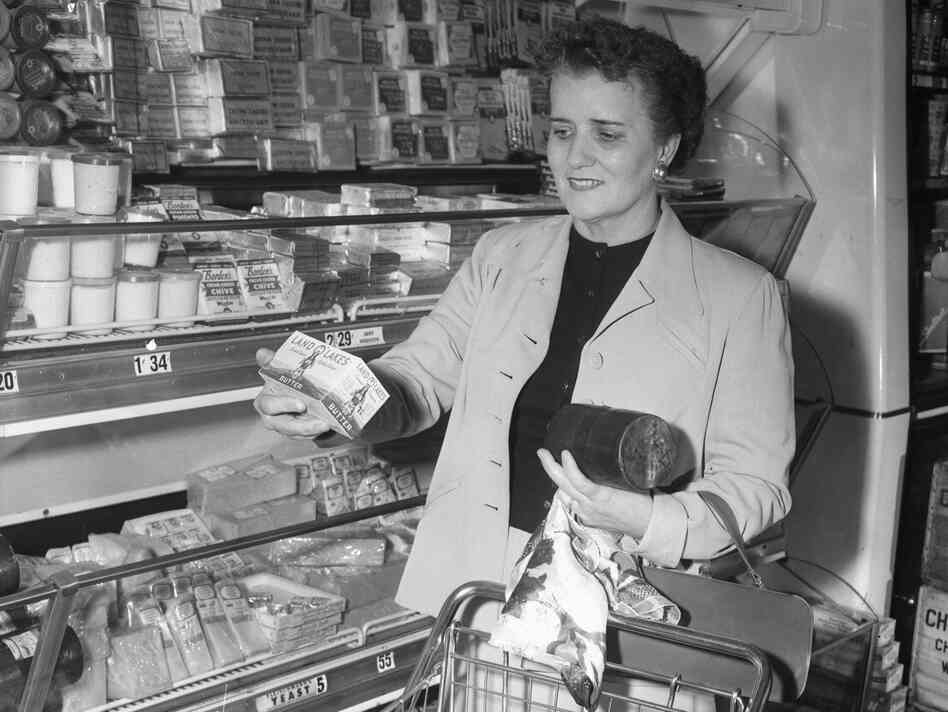 Rep. Coya Knutson (D-Minn.), is shown shopping in a supermarket in 1955 following her demand to know why her fellow housewives remain saddled with high grocery bills while farm income continues to drop.