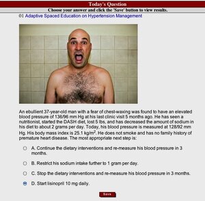 The game combines goofy stock photos with serious questions on blood pressure management.