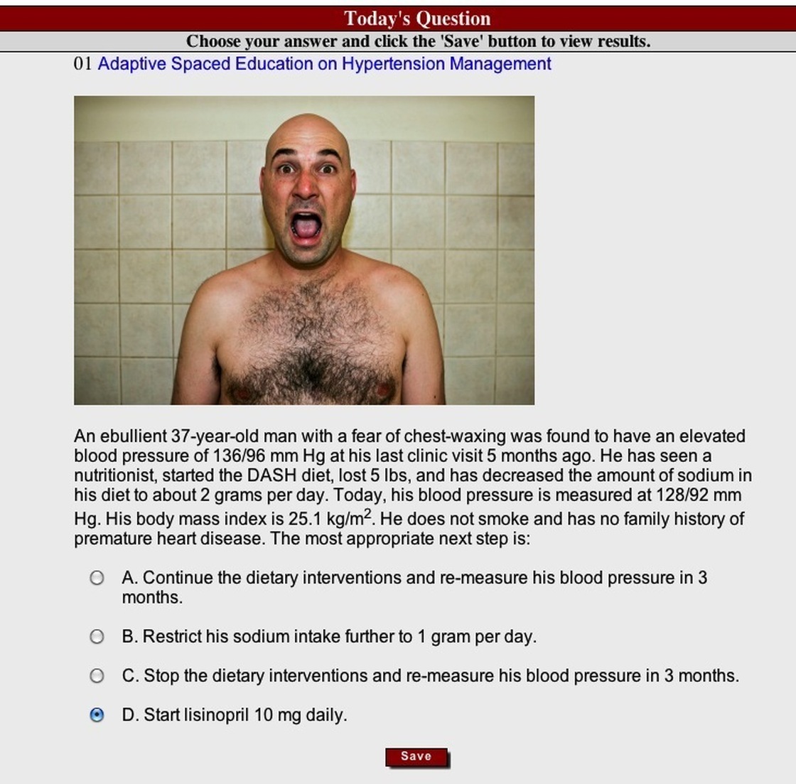 The game combines goofy stock photos with serious questions on blood pressure management.