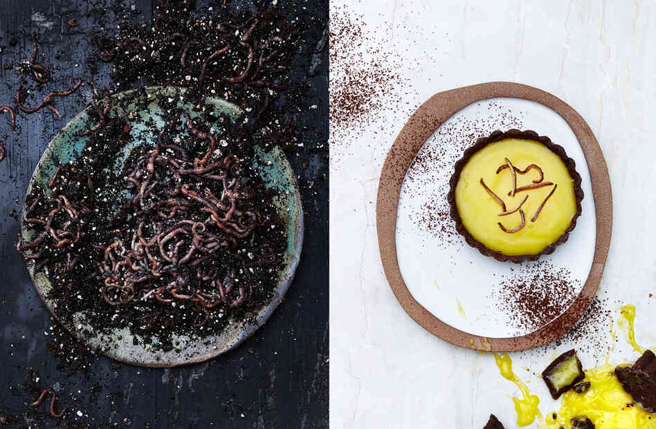 Left, earthworms. Right, lemon curd tart in chocolate and earthworm crust, with a crispy earthworm topping. Left, earthworms. Right, lemon curd tart in chocolate and earthworm crust, with a crispy earthworm topping.