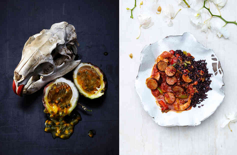 Left, nutria skull and passion fruit. Right, nutria sausage gumbo with tiger shrimp, bell pepper and black rice. Left, nutria skull and passion fruit. Right, nutria sausage gumbo with tiger shrimp, bell pepper and black rice.