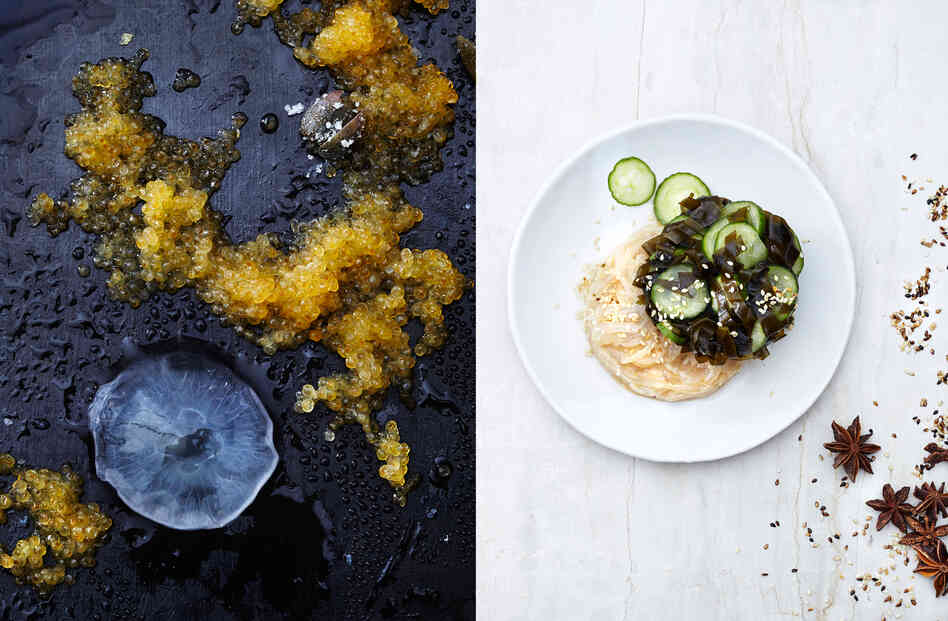 Left, jellyfish. Right, peanut butter, jellyfish, wakame and salted cucumber salad. Left, jellyfish. Right, peanut butter, jellyfish, wakame and salted cucumber salad.
