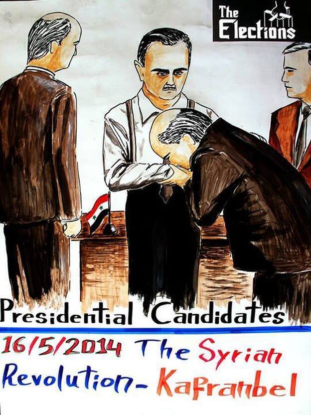 A mock election poster depicts Syrian President Bashar Assad as Mafia boss Don Corleone, with token candidates kissing his hand. (Image credit: Ahmed Jalal/Kafranbel Syrian Revolution)