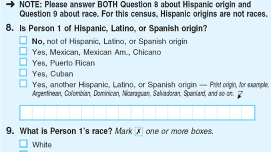 On the 2010 census form, the Hispanic origin question appeared before the question about race. On the 2010 census form, the Hispanic origin question appeared before the question about race.