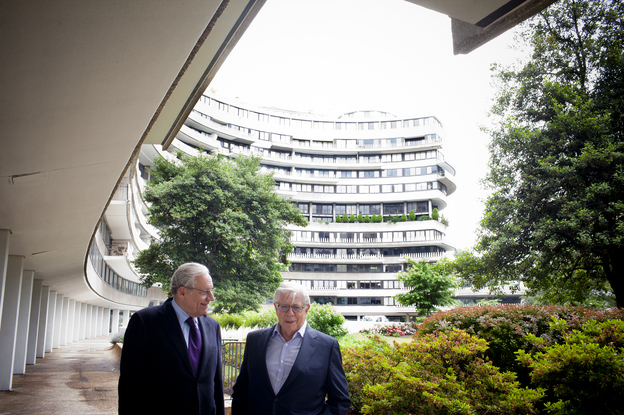 Journalists Bob Woodward (left) and Carl Bernstein at the Watergate complex in Washington, D.C. The pair chronicled their investigation of the scandal later known as 'Watergate' in their book, All The President's Men, published 40 years ago this month. (Image credit: Kainaz Amaria/NPR)