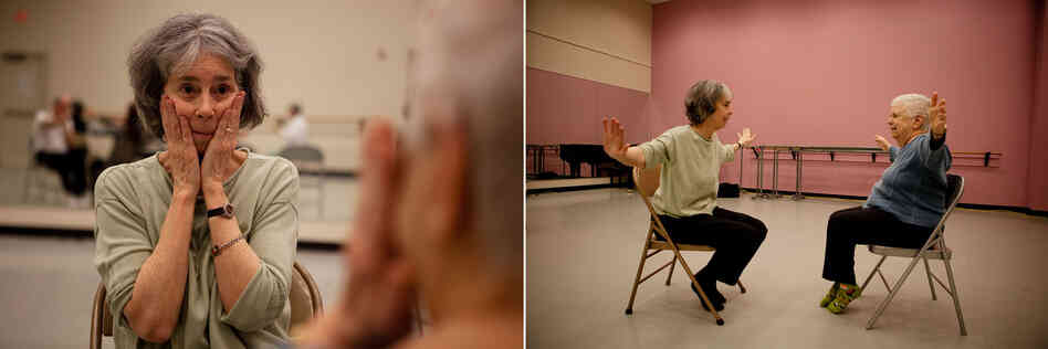 Classmates Anne Davis (left) and Phyllis Richman get in sync with each other during a mirror game in their dance class in Silver Spring, Md. Classmates Anne Davis (left) and Phyllis Richman get in sync with each other during a mirror game in their dance class in Silver Spring, Md.