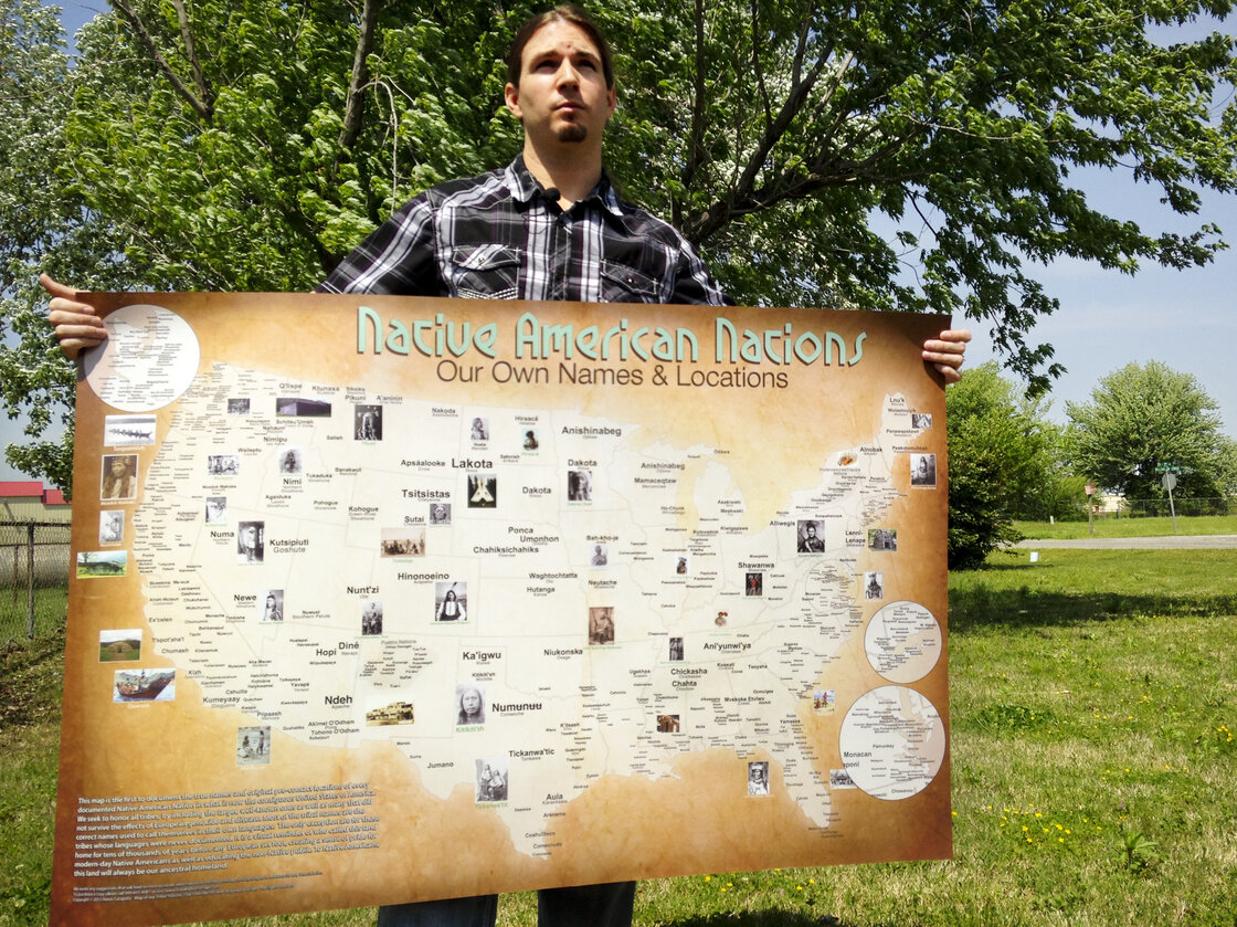 Aaron Carapella, a self-taught mapmaker in Warner, Okla., has designed a map of Native American tribes showing their locations before first contact with Europeans.