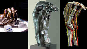 Rodin's Left Hand of Eustache de St. Pierre, during the scanning process (from left); computer image created from the scan; inner anatomy; and exterior scan and inner anatomy combined for an augmented reality view of the sculpture.