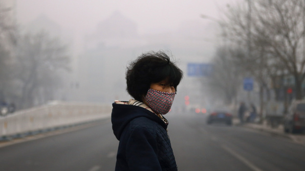 A woman wearing face protection walks across a street during a hazy day in Beijing on March 27. Worsening air pollution is fueling a slow exodus of expatriates from the Chinese capital. (Image credit: Reuters/Landov)