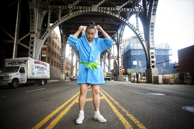 David Lee writes an online men's guide to Asian lifestyle and entertainment. He says he voted against a battle-ax and for his bathrobe when choosing a masculine object. The blue terry cloth robe is based on the Adventure Time cartoon. (Image credit: Courtesy of Salima Koroma)
