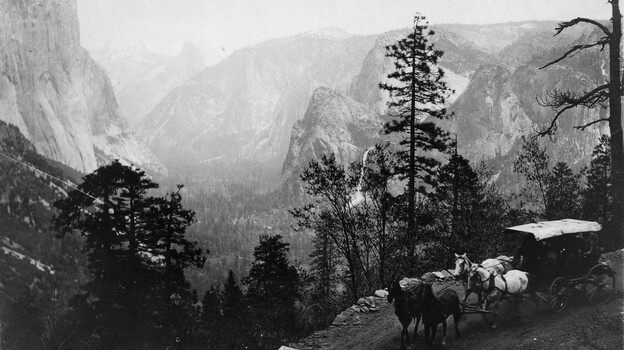 Over the past century and a half, visitors have traveled through Yosemite on foot, by carriage, by tram and by car. Now some regions will be once again be accessible only by foot, to protect delicate regions of the park. (Image credit: Courtesy Yosemite National Park Research Library/KQED)