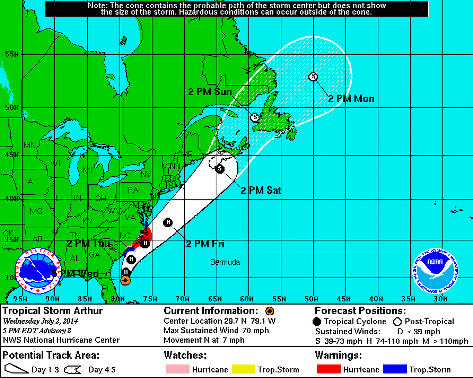 The five-day forecast track for Arthur. The five-day forecast track for Arthur.