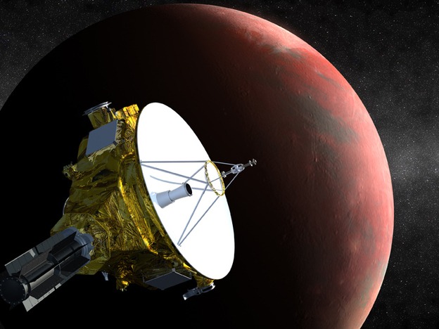 An artist's concept shows the New Horizons spacecraft as it approaches Pluto and its largest moon, Charon, in July 2015. (Image credit: Johns Hopkins University Applied Physics Laboratory/Southwest Research Institute)