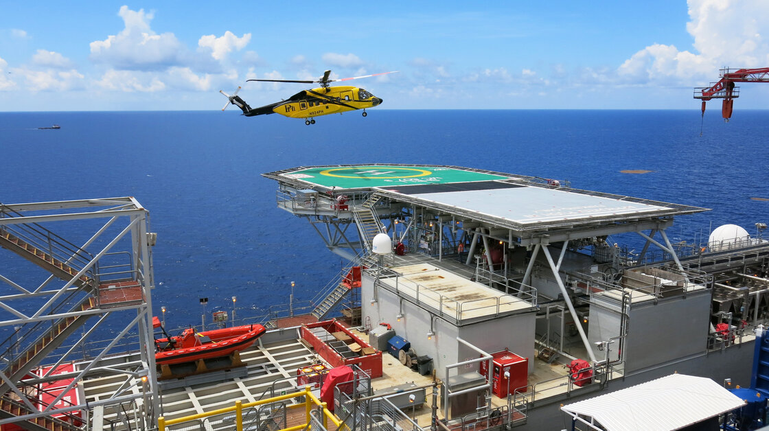 There are 192 crew members aboard the Olympus. Big yellow helicopters transport them for the hourlong ride to and from the platform.