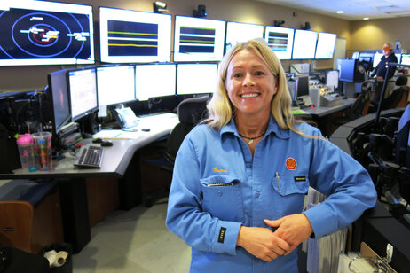 Leaza Greenroad-Ford in her workspace onboard the Olympus. She helps keep the huge platform level by moving water in the hulls. Greenroad-Ford worked in the chemical industry before accepting an offshore job with Shell in 2013.