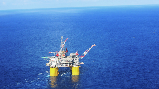 Shell's Olympus production platform and drilling rig is located about 130 miles south of New Orleans. It is 406 feet tall and weighs more than 120,000 tons. (Image credit: NPR)