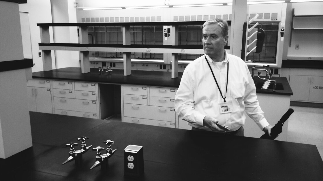 Tom Stanton of the real estate firm Jones Lang LaSalle shows off empty lab space at Roche in Nutley, N.J.