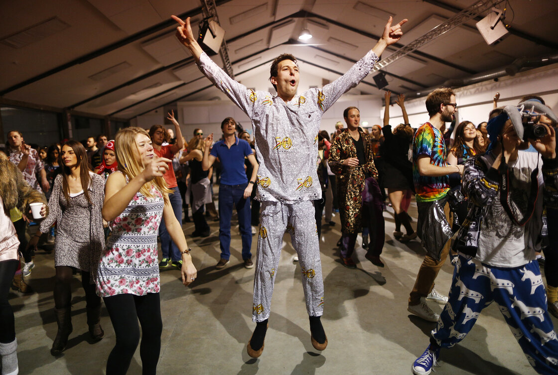 Revelers dance in their pajamas at Morning Gloryville in London in January. The nightclub, which holds a rave once a month beginning at 6:30 a.m., has inspired morning raves in a number of other cities around the world.