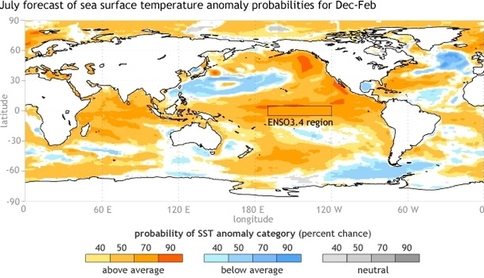A NOAA map shows the forecast for sea-surface temperatures for the months of December-February, 2014-2015. Climatologists say there's a 65 percent chance of an El Nino forming.