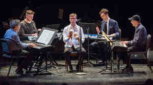 Four Organs by Steve Reich was performed Tuesday at the Brooklyn Academy of Music as part of the 50th anniversary of the Nonesuch label (from left: Philip Glass, Nico Muhly, David Cossin, Timo Andres and Steve Reich).