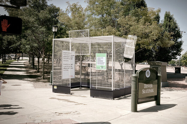 This human-scale lab rat cage is anchored abreast a skate esplanade in Denver, Colo., to accomplish a point about the abridgement of science on marijuana.