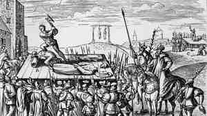 This 1587 facsimile of a copperplate engraving shows three beheadings as capital punishments decreed by King Henry VIII against Thomas More and two other Roman Catholics in 1535.