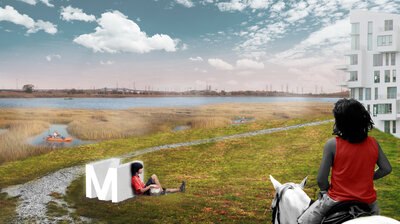 Artists' renderings of New Meadowland show how the wetland would be designed for human recreational use as well as flood control. The berm shown would be a path through the park when water was low (left). When storms came in, the wetlands would flood, and the berm would protect local development.