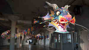 Ai Weiwei's With Wind greets visitors to his exhibit, "@Large," on Alcatraz Island in San Francisco.