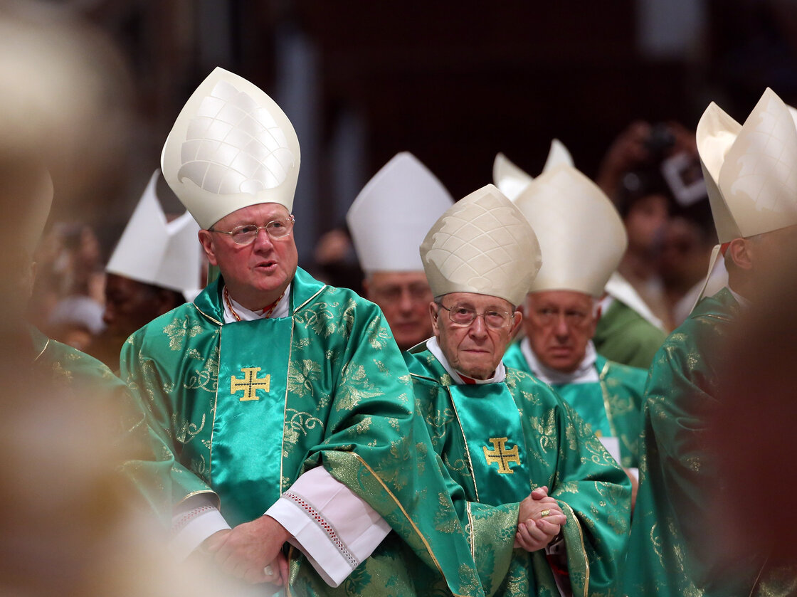 Archbisop of New York Cardinal Timothy Dolan (left) attends the Opening Mass of the Synod of Bishops celebrated by Pope Francis in St. Peter's Basilica on Sunday in Vatican City. The two-week conference will discuss family issues, including controversial topics like divorce and contraception.