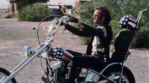 Peter Fonda rides the "Captain America" chopper in Easy Rider.