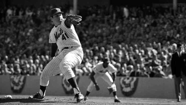 Tom Seaver of the New York Mets pitches in the fourth game of the 1969 World Series.