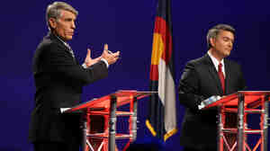 Ebola is the latest issue to spill into debates this season. Colorado Sen. Mark Udall (left) has blamed Republicans for cutting government health resources. His opponent, Rep. Cory Gardner, says the CDC has been spending wastefully.